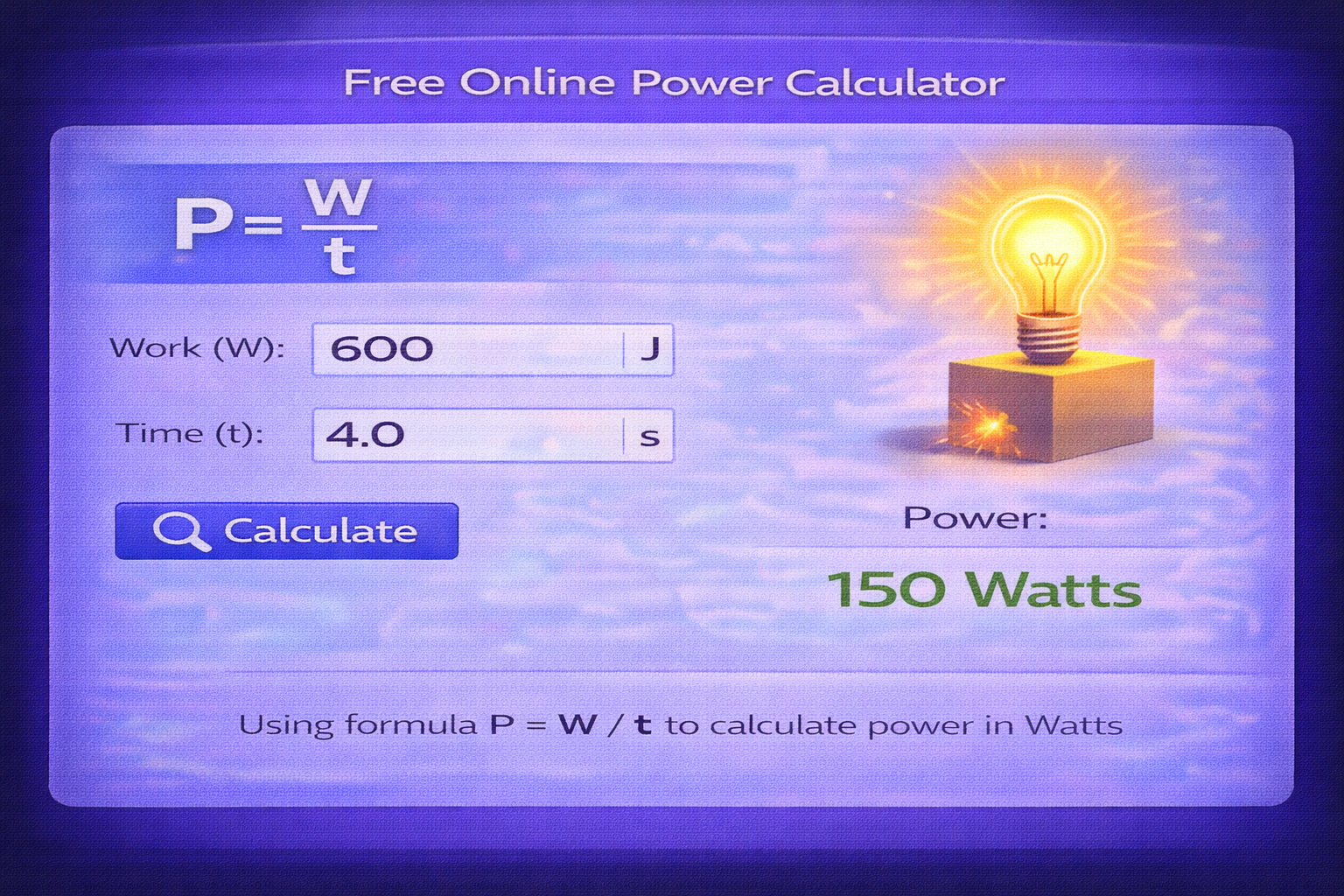 Free online power calculator interface with work time inputs and Watts result P = W / t